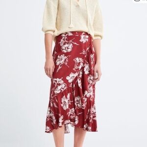 Zara Linen Blend Floral Wrap Midi Skirt in Red Women’s Size Large